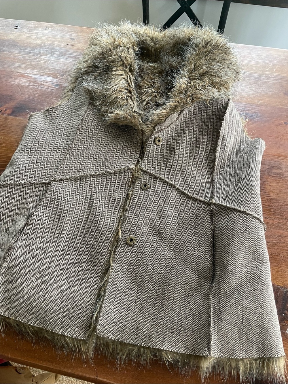 Brown Herringbone Faux Fur-Trim Vest - Reversible